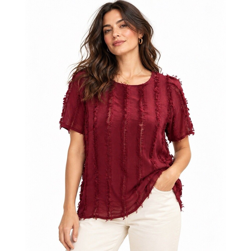 Anthropologie Everleigh Burgundy Eyelash Fringe Shadow Stripe Blouse Size M